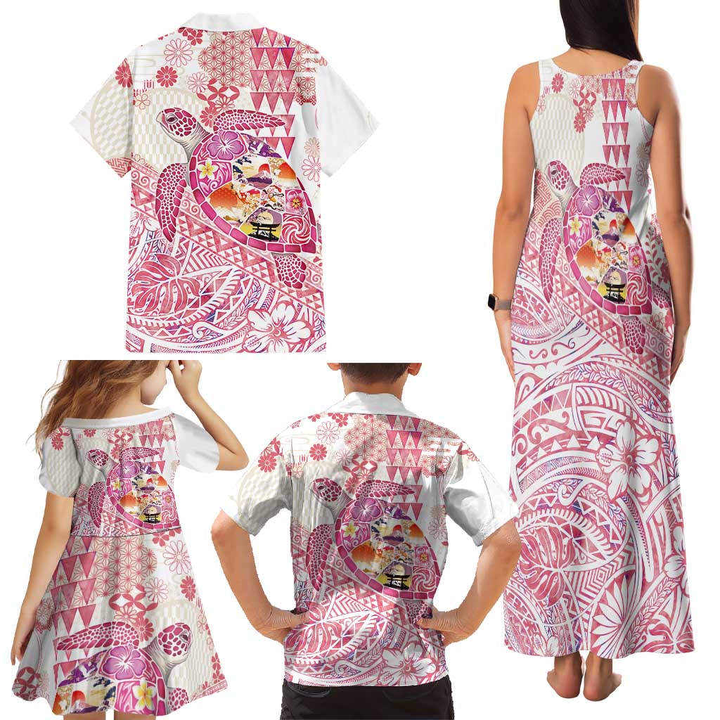 Hawaiian and Japanese Culture Together Family Matching Tank Maxi Dress and Hawaiian Shirt Tropical Honu with Japanese Elements Pink Color LT03 - Polynesian Pride
