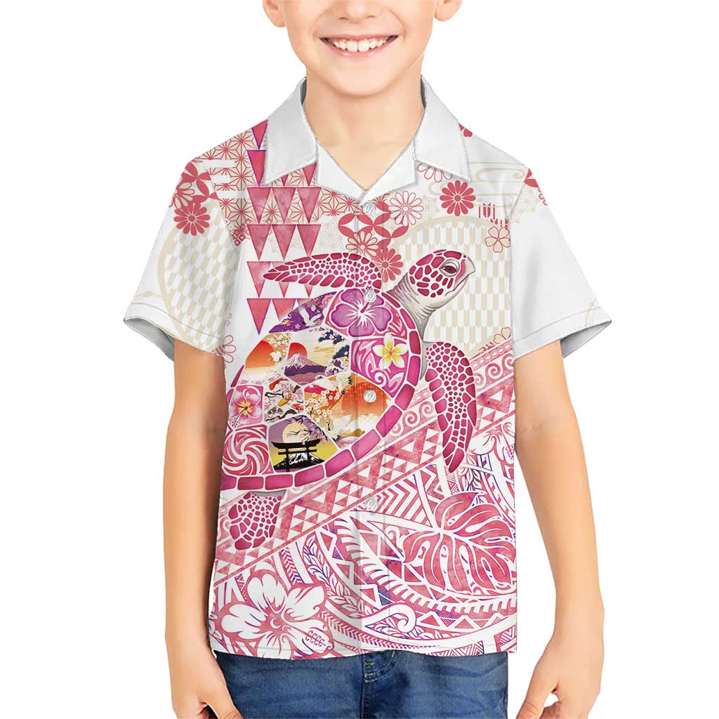 Hawaiian and Japanese Culture Together Family Matching Tank Maxi Dress and Hawaiian Shirt Tropical Honu with Japanese Elements Pink Color LT03 Son's Shirt Pink - Polynesian Pride