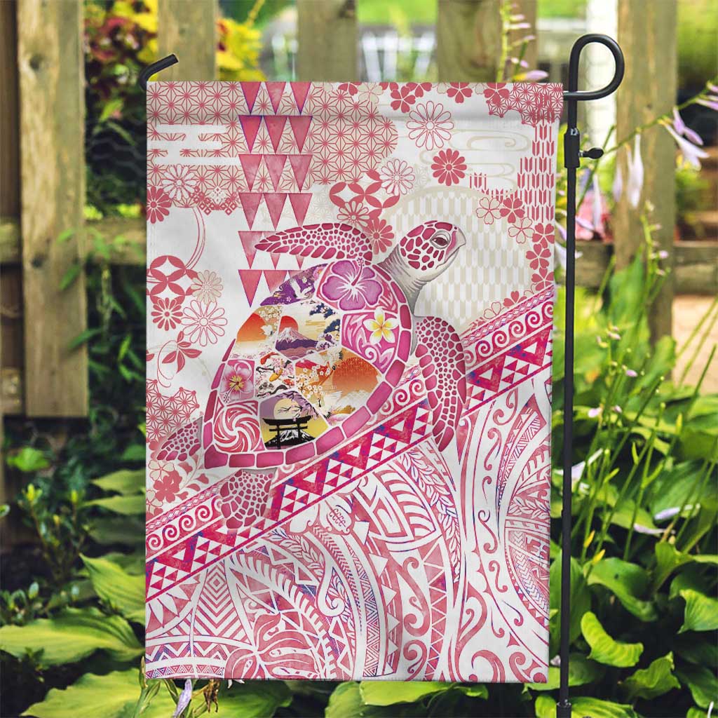 Hawaiian and Japanese Culture Together Garden Flag Tropical Honu with Japanese Elements Pink Color