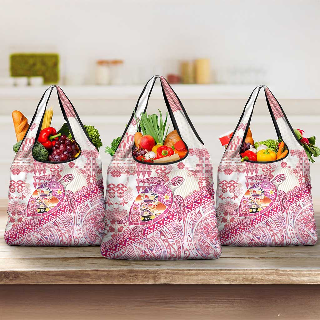 Hawaiian and Japanese Culture Together Grocery Bag Tropical Honu with Japanese Elements Pink Color LT03 3-pack One Size Pink - Polynesian Pride