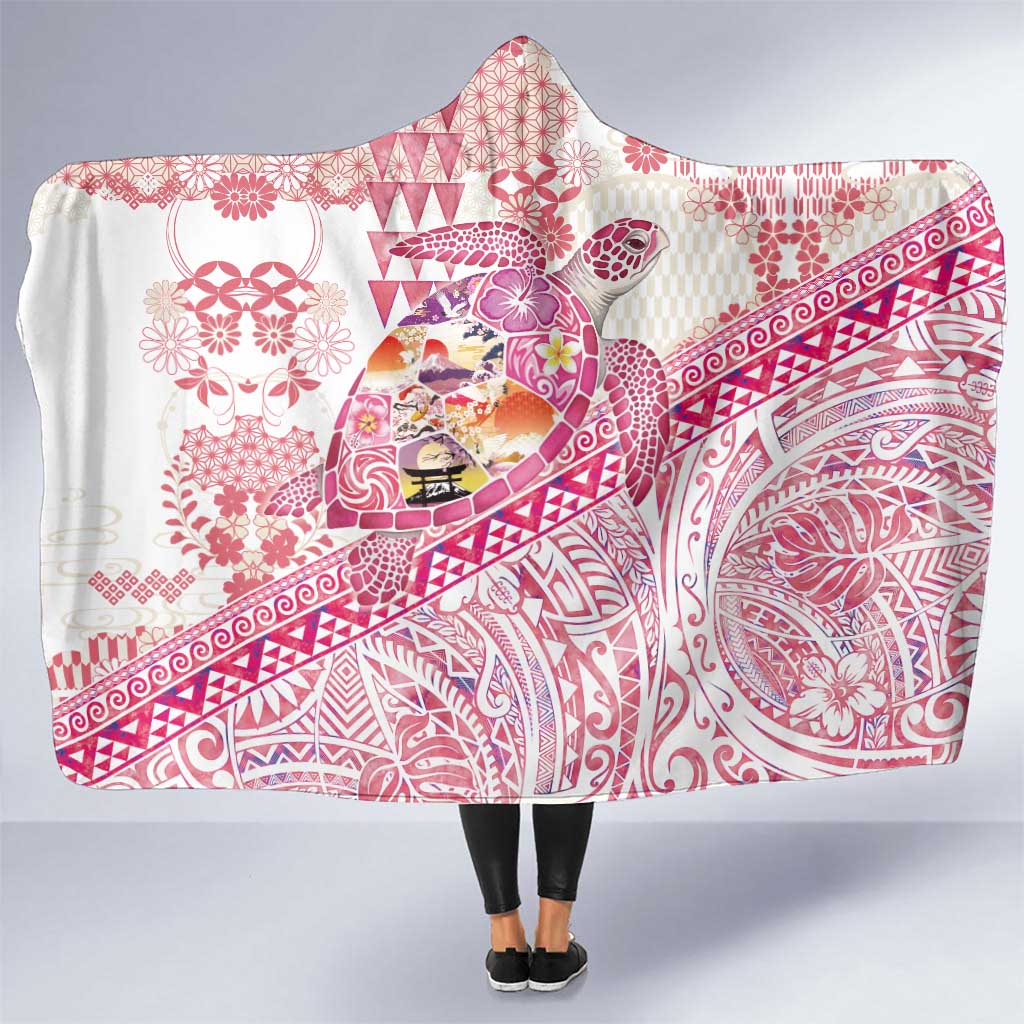 Hawaiian and Japanese Culture Together Hooded Blanket Tropical Honu with Japanese Elements Pink Color LT03 One Size Pink - Polynesian Pride