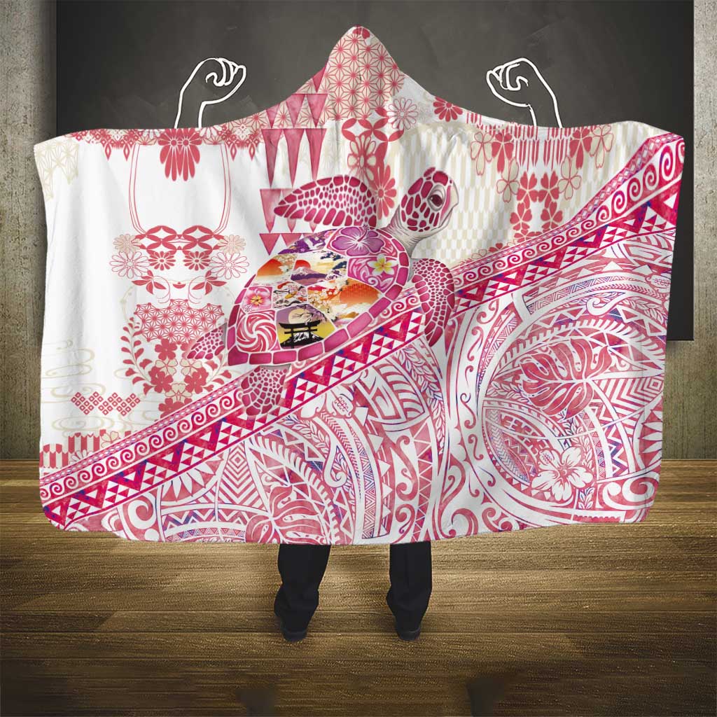 Hawaiian and Japanese Culture Together Hooded Blanket Tropical Honu with Japanese Elements Pink Color LT03 - Polynesian Pride