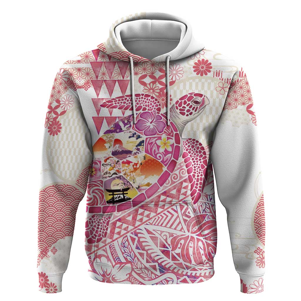 Hawaiian and Japanese Culture Together Hoodie Tropical Honu with Japanese Elements Pink Color LT03 Pullover Hoodie Pink - Polynesian Pride