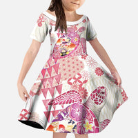 Hawaiian and Japanese Culture Together Kid Short Sleeve Dress Tropical Honu with Japanese Elements Pink Color LT03 KID Pink - Polynesian Pride