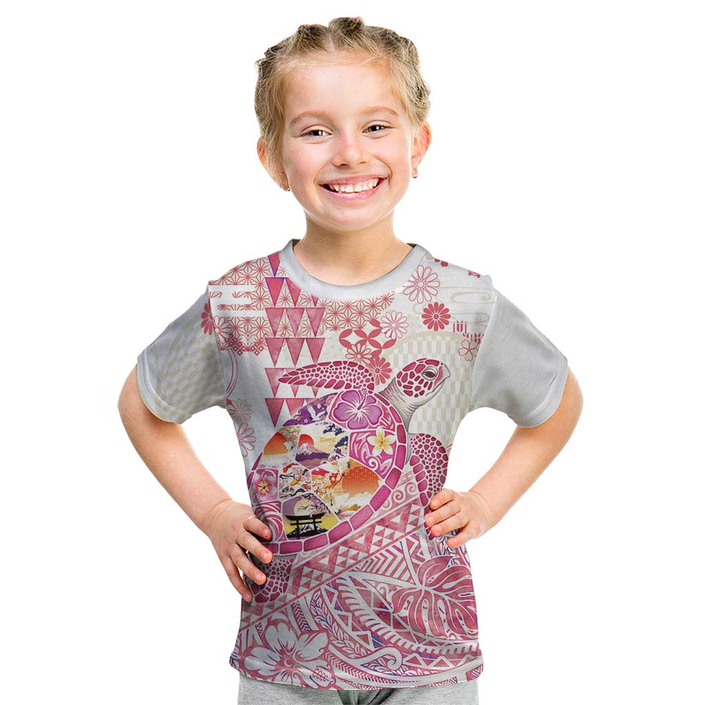 Hawaiian and Japanese Culture Together Kid T Shirt Tropical Honu with Japanese Elements Pink Color LT03 Pink - Polynesian Pride
