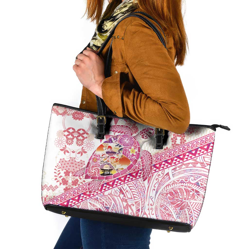 Hawaiian and Japanese Culture Together Leather Tote Bag Tropical Honu with Japanese Elements Pink Color LT03 Pink - Polynesian Pride
