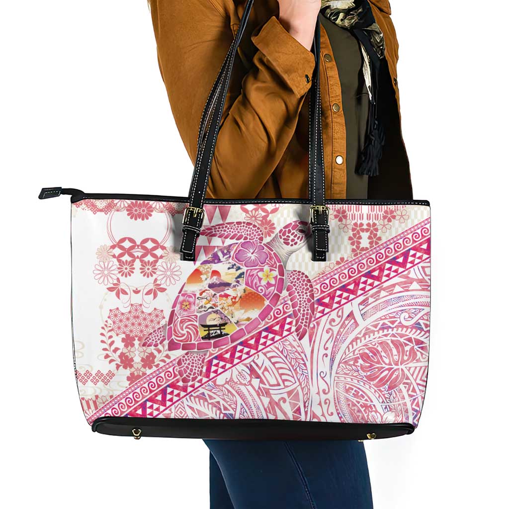 Hawaiian and Japanese Culture Together Leather Tote Bag Tropical Honu with Japanese Elements Pink Color LT03 - Polynesian Pride