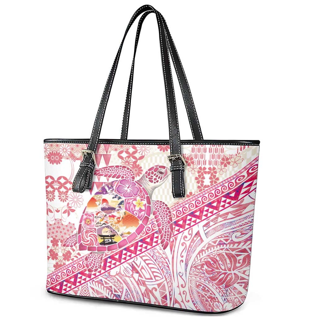 Hawaiian and Japanese Culture Together Leather Tote Bag Tropical Honu with Japanese Elements Pink Color LT03 - Polynesian Pride
