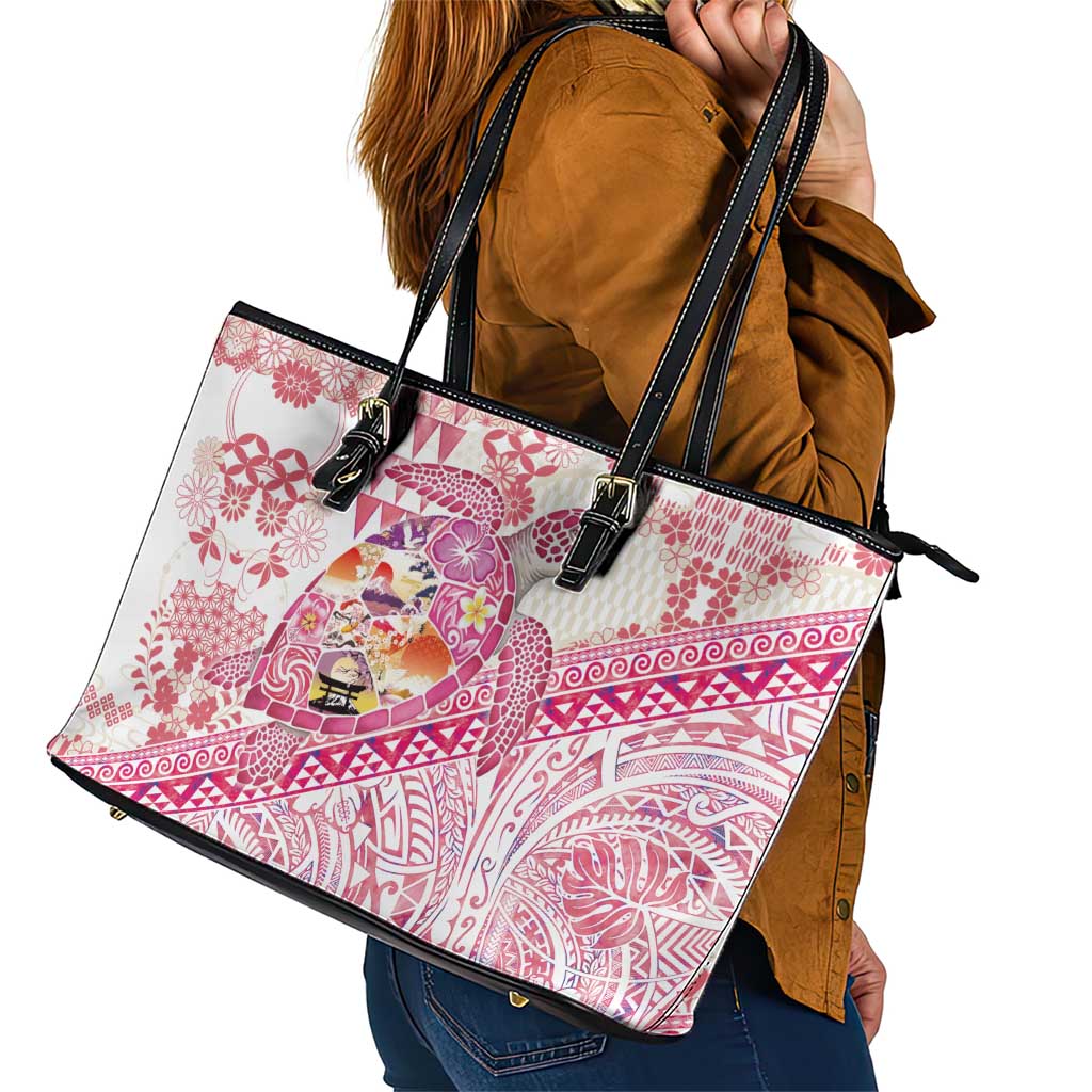 Hawaiian and Japanese Culture Together Leather Tote Bag Tropical Honu with Japanese Elements Pink Color LT03 - Polynesian Pride
