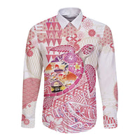 Hawaiian and Japanese Culture Together Long Sleeve Button Shirt Tropical Honu with Japanese Elements Pink Color LT03 Unisex Pink - Polynesian Pride