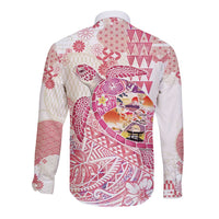 Hawaiian and Japanese Culture Together Long Sleeve Button Shirt Tropical Honu with Japanese Elements Pink Color LT03 - Polynesian Pride