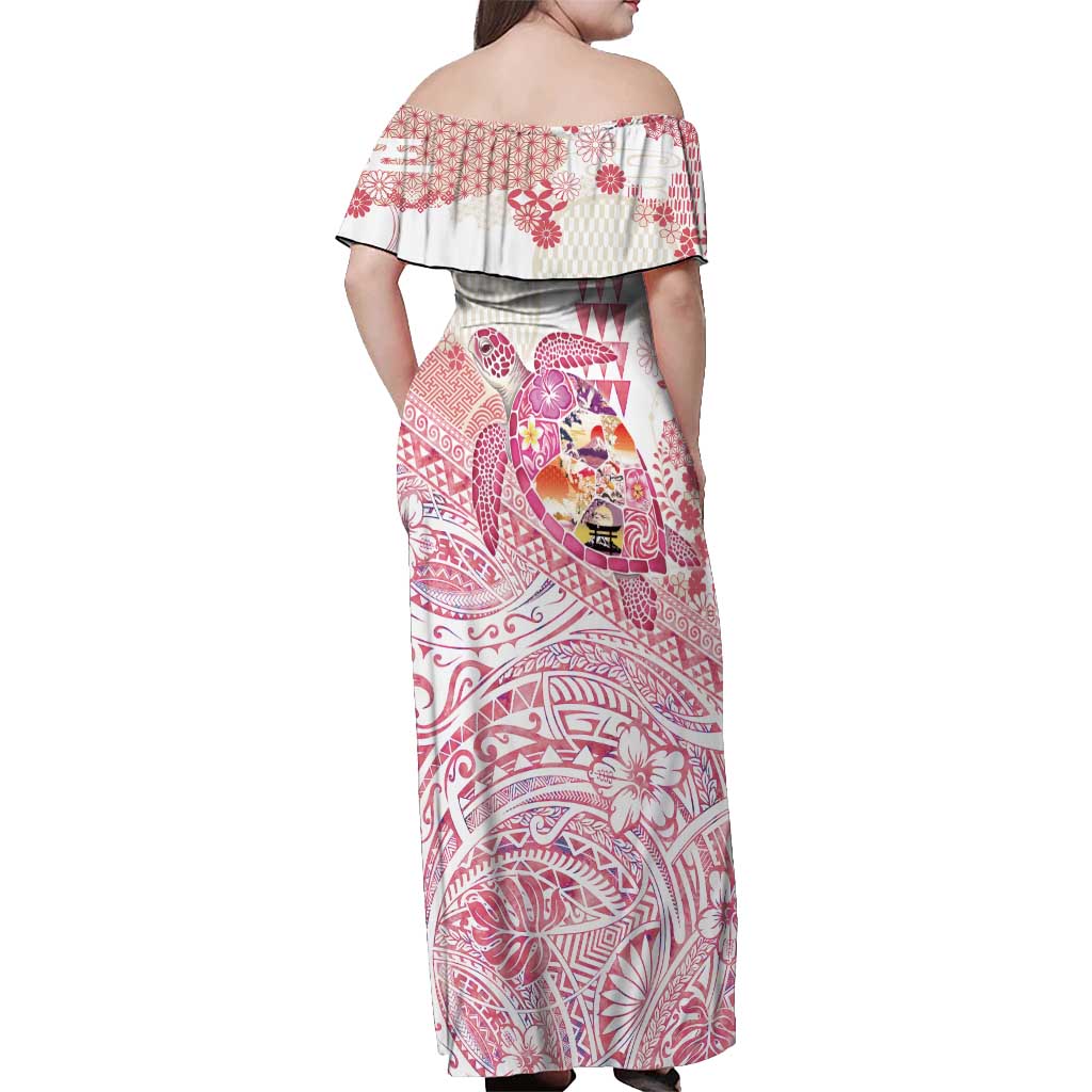Hawaiian and Japanese Culture Together Off Shoulder Maxi Dress Tropical Honu with Japanese Elements Pink Color LT03 - Polynesian Pride