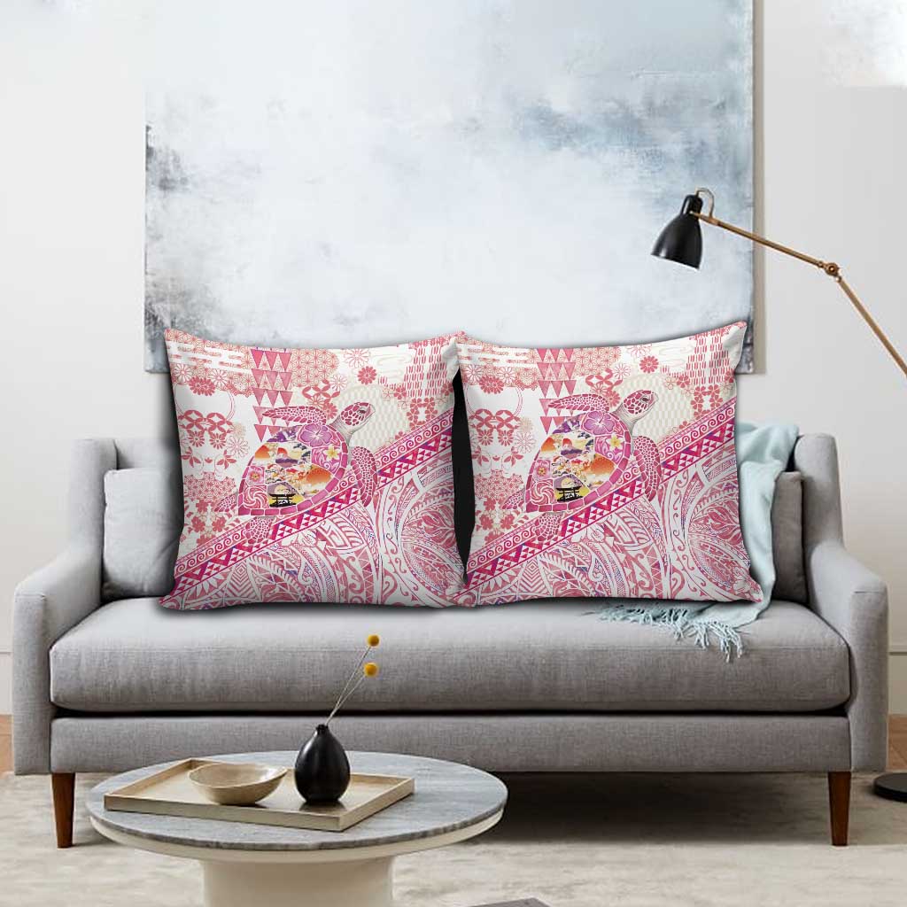 Hawaiian and Japanese Culture Together Pillow Cover Tropical Honu with Japanese Elements Pink Color LT03 - Polynesian Pride