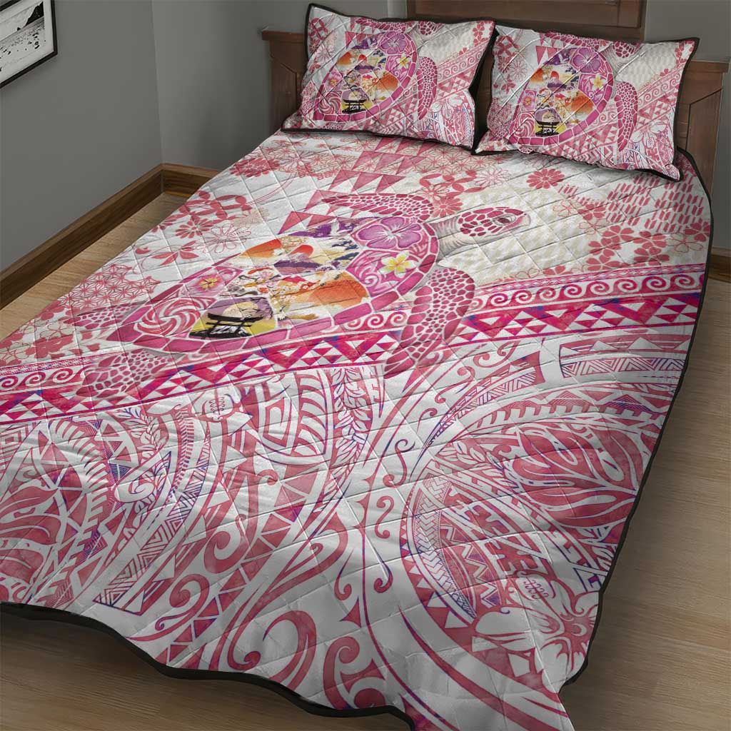 Hawaiian and Japanese Culture Together Quilt Bed Set Tropical Honu with Japanese Elements Pink Color LT03 - Polynesian Pride