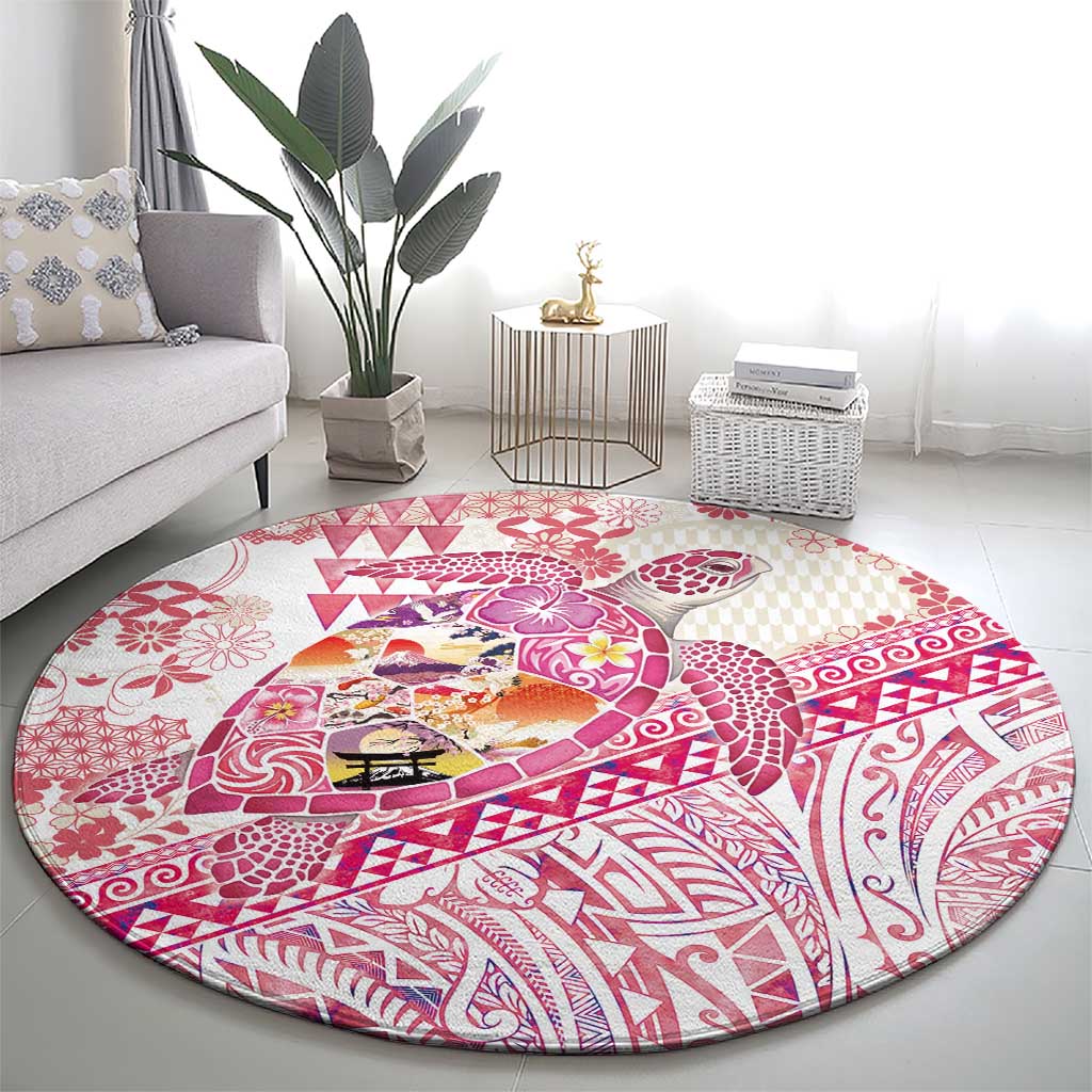 Hawaiian and Japanese Culture Together Round Carpet Tropical Honu with Japanese Elements Pink Color LT03 - Polynesian Pride