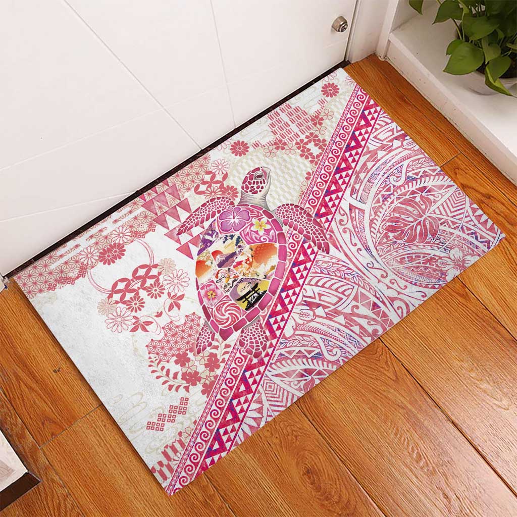 Hawaiian and Japanese Culture Together Rubber Doormat Tropical Honu with Japanese Elements Pink Color LT03 - Polynesian Pride