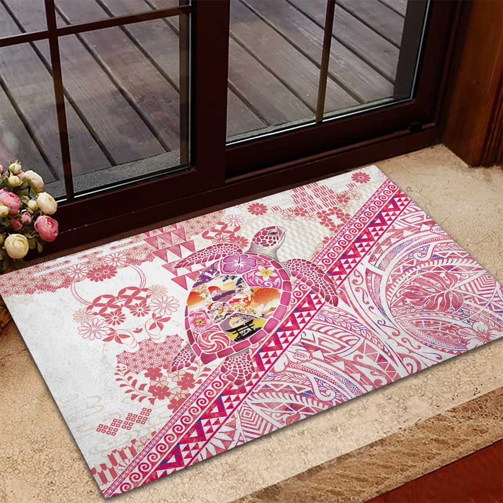 Hawaiian and Japanese Culture Together Rubber Doormat Tropical Honu with Japanese Elements Pink Color LT03 - Polynesian Pride