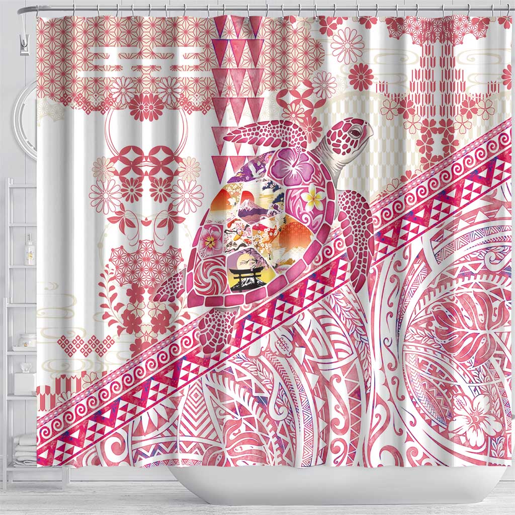 Hawaiian and Japanese Culture Together Shower Curtain Tropical Honu with Japanese Elements Pink Color LT03 - Polynesian Pride