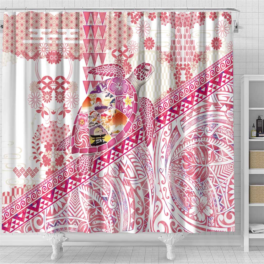 Hawaiian and Japanese Culture Together Shower Curtain Tropical Honu with Japanese Elements Pink Color LT03 - Polynesian Pride