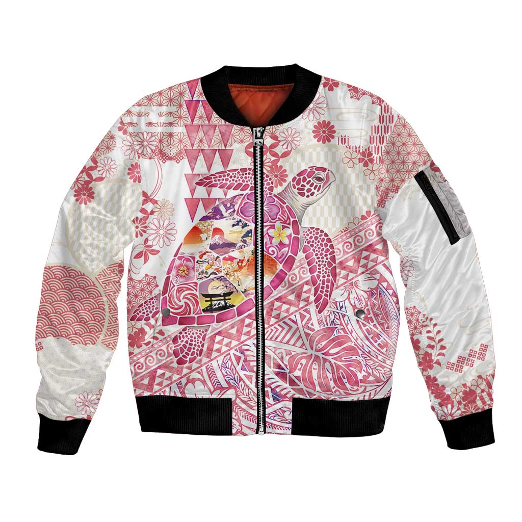 Hawaiian and Japanese Culture Together Sleeve Zip Bomber Jacket Tropical Honu with Japanese Elements Pink Color LT03 Unisex Pink - Polynesian Pride