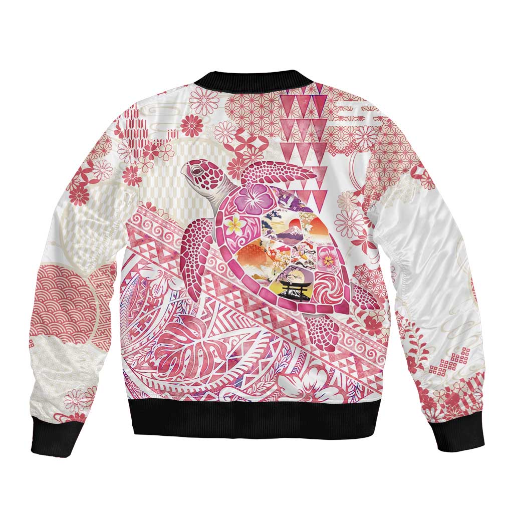 Hawaiian and Japanese Culture Together Sleeve Zip Bomber Jacket Tropical Honu with Japanese Elements Pink Color LT03 - Polynesian Pride