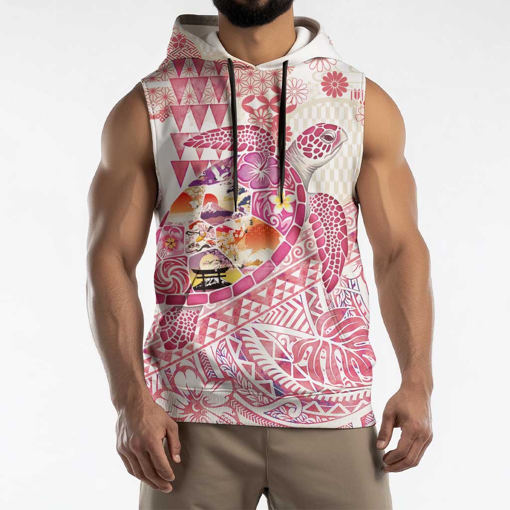 Hawaiian and Japanese Culture Together Sleeveless Hoodie Tropical Honu with Japanese Elements Pink Color LT03 - Polynesian Pride