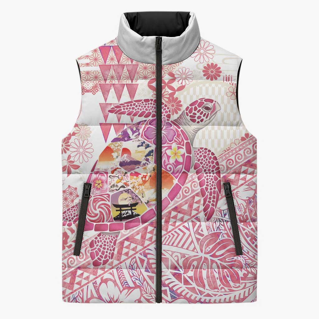 Hawaiian and Japanese Culture Together Sleeveless Puffer Jacket Tropical Honu with Japanese Elements Pink Color LT03 Unisex Pink - Polynesian Pride