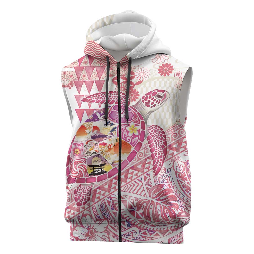 Hawaiian and Japanese Culture Together Sleeveless Zip Hoodie Tropical Honu with Japanese Elements Pink Color LT03 Pink - Polynesian Pride