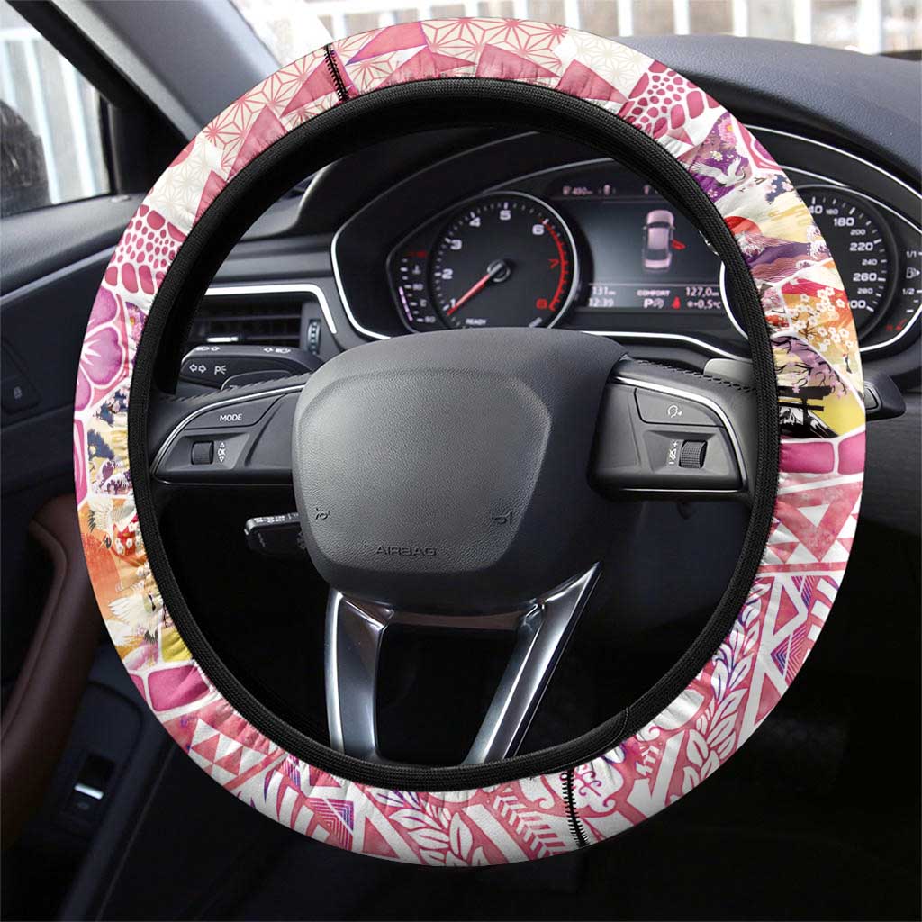 Hawaiian and Japanese Culture Together Steering Wheel Cover Tropical Honu with Japanese Elements Pink Color LT03 - Polynesian Pride