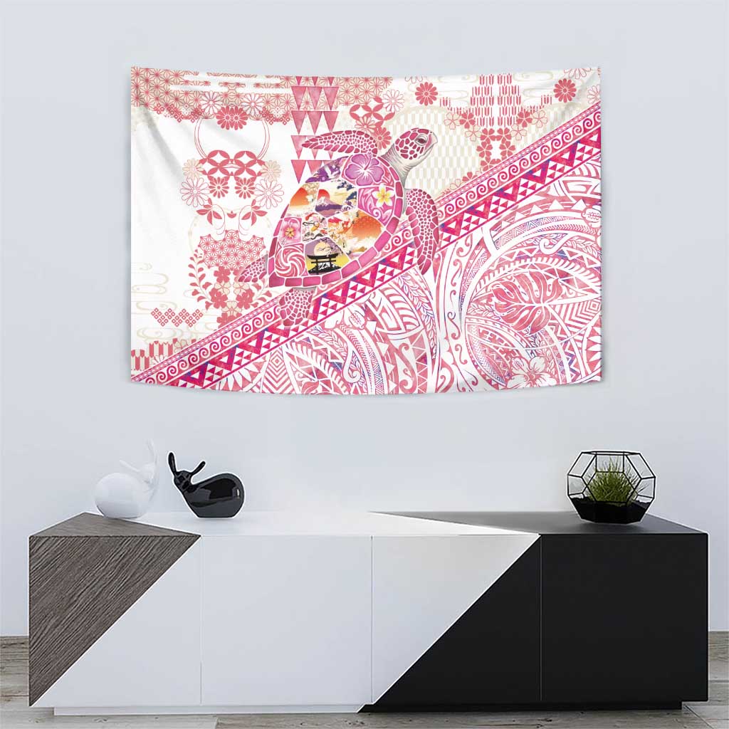Hawaiian and Japanese Culture Together Tapestry Tropical Honu with Japanese Elements Pink Color LT03 - Polynesian Pride