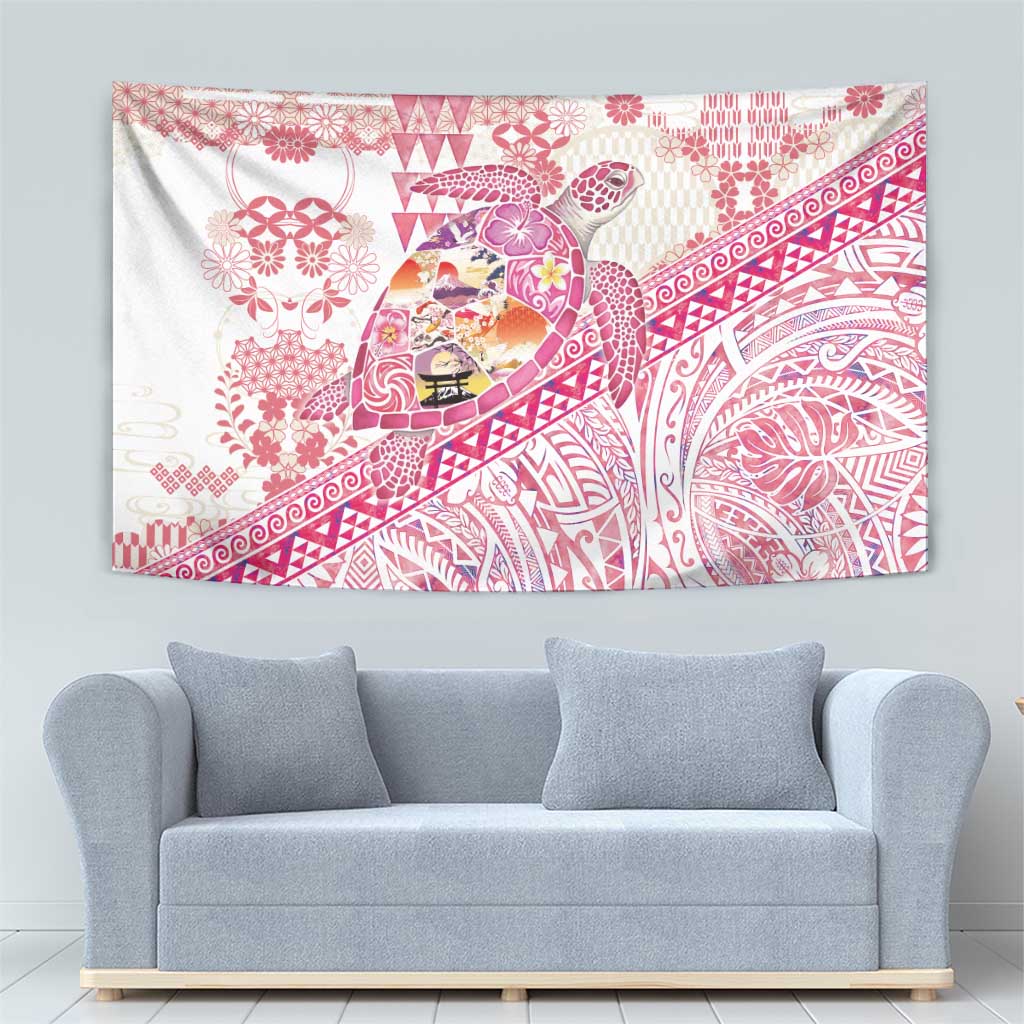 Hawaiian and Japanese Culture Together Tapestry Tropical Honu with Japanese Elements Pink Color LT03 - Polynesian Pride