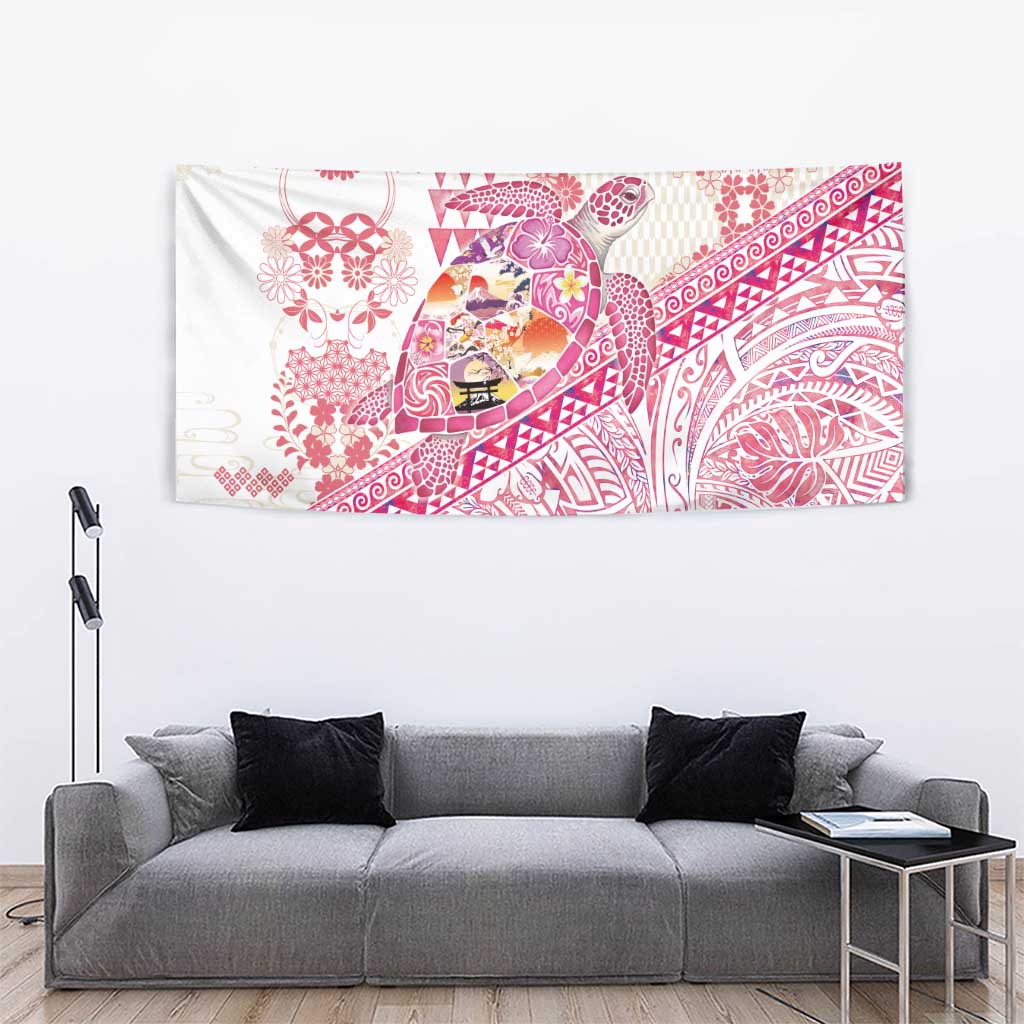 Hawaiian and Japanese Culture Together Tapestry Tropical Honu with Japanese Elements Pink Color LT03 - Polynesian Pride