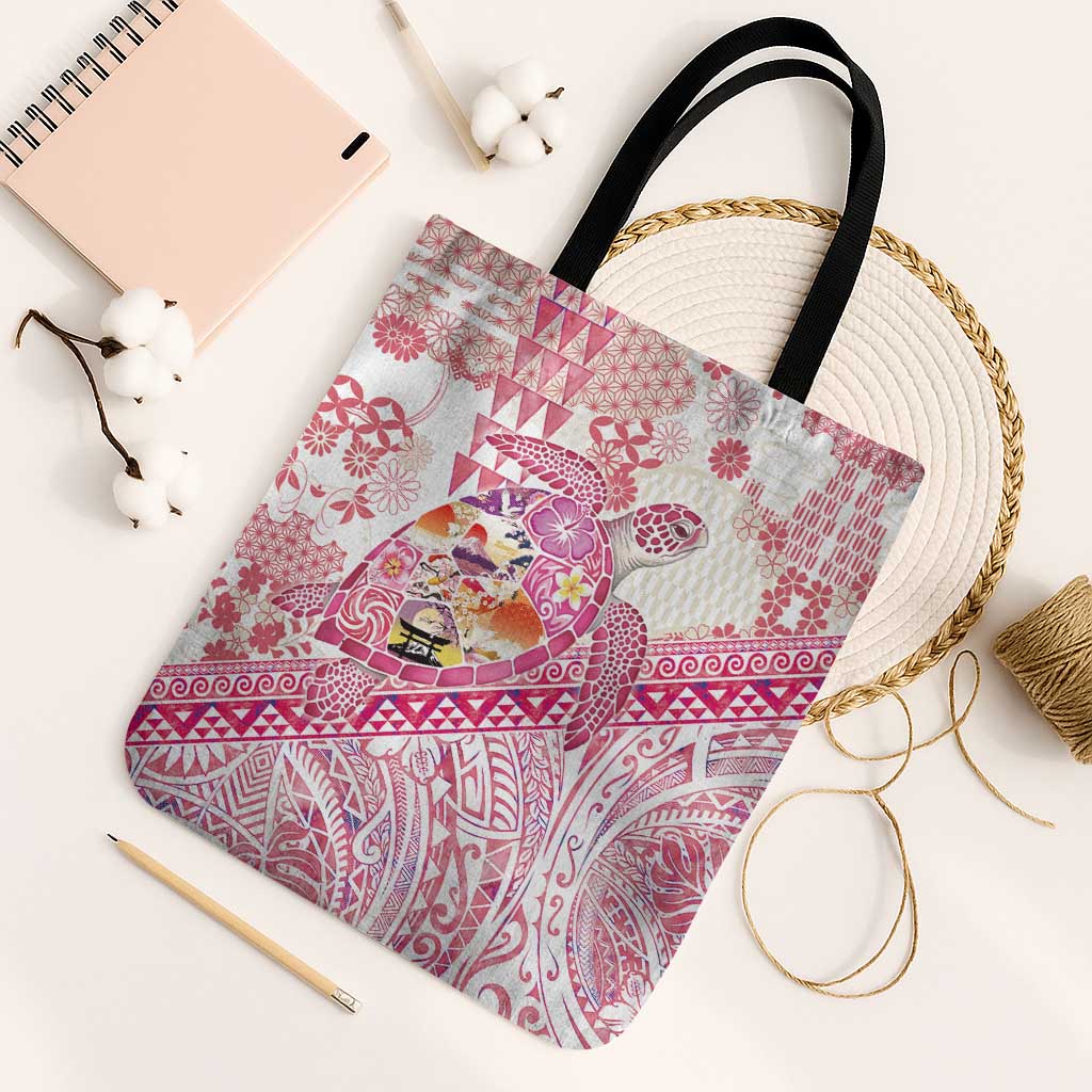 Hawaiian and Japanese Culture Together Tote Bag Tropical Honu with Japanese Elements Pink Color LT03 Black Strap One Size Pink - Polynesian Pride