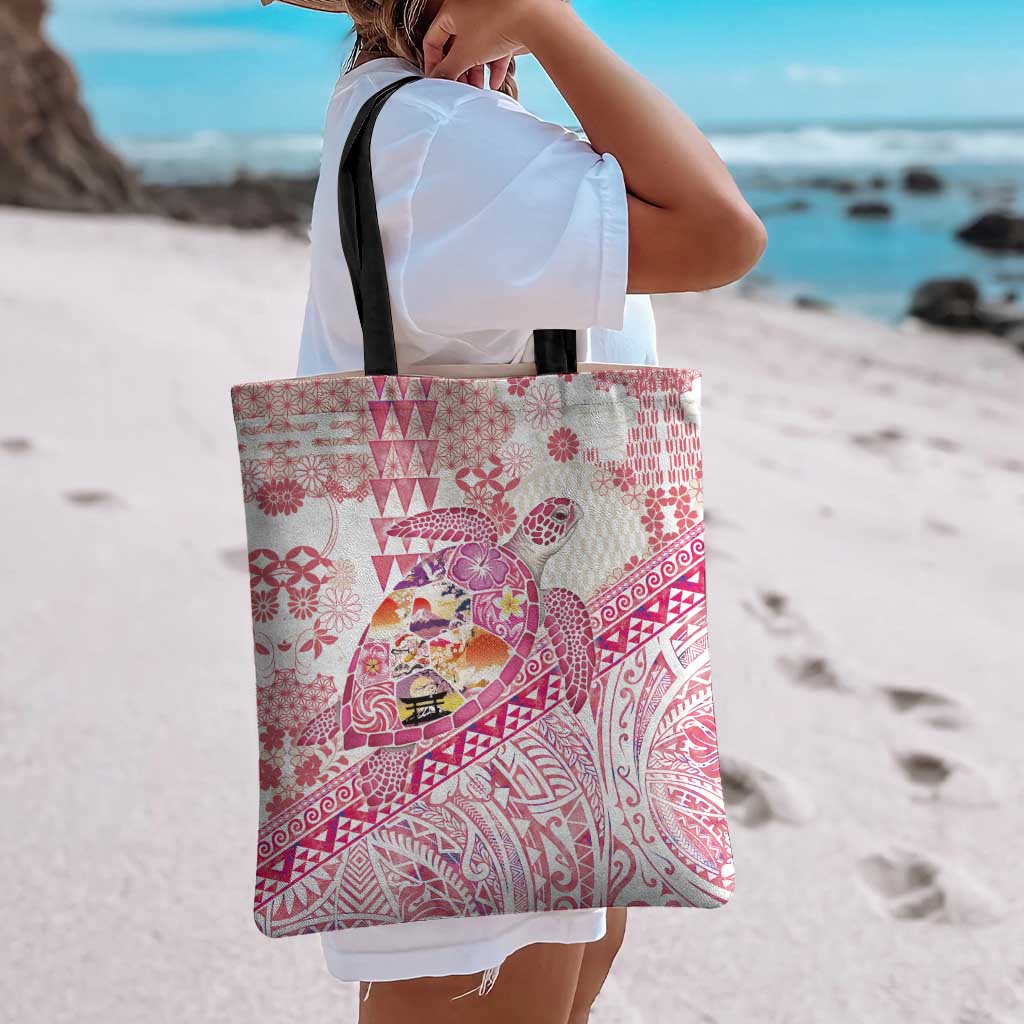 Hawaiian and Japanese Culture Together Tote Bag Tropical Honu with Japanese Elements Pink Color LT03 - Polynesian Pride