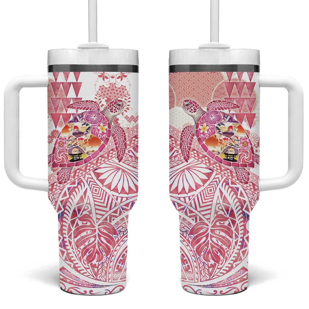 Hawaiian and Japanese Culture Together Tumbler With Handle Tropical Honu with Japanese Elements Pink Color LT03 One Size: 40 oz Pink - Polynesian Pride