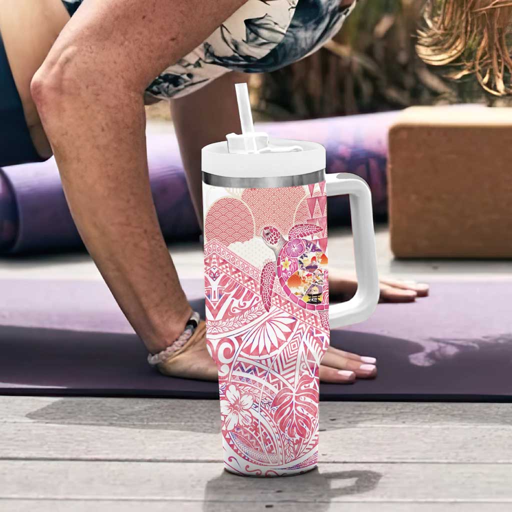 Hawaiian and Japanese Culture Together Tumbler With Handle Tropical Honu with Japanese Elements Pink Color LT03 - Polynesian Pride
