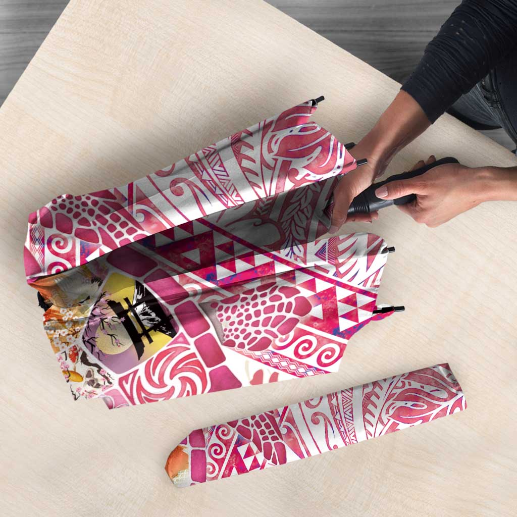 Hawaiian and Japanese Culture Together Umbrella Tropical Honu with Japanese Elements Pink Color