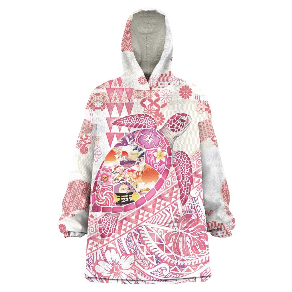 Hawaiian and Japanese Culture Together Wearable Blanket Hoodie Tropical Honu with Japanese Elements Pink Color LT03 One Size Pink - Polynesian Pride