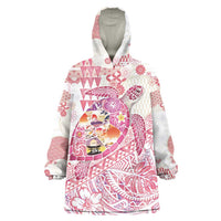 Hawaiian and Japanese Culture Together Wearable Blanket Hoodie Tropical Honu with Japanese Elements Pink Color LT03 One Size Pink - Polynesian Pride