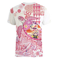 Hawaiian and Japanese Culture Together Women V-Neck T-Shirt Tropical Honu with Japanese Elements Pink Color LT03 - Polynesian Pride