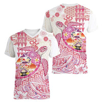 Hawaiian and Japanese Culture Together Women V-Neck T-Shirt Tropical Honu with Japanese Elements Pink Color LT03 - Polynesian Pride