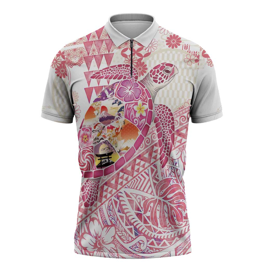 Hawaiian and Japanese Culture Together Zipper Polo Shirt Tropical Honu with Japanese Elements Pink Color LT03 Pink - Polynesian Pride