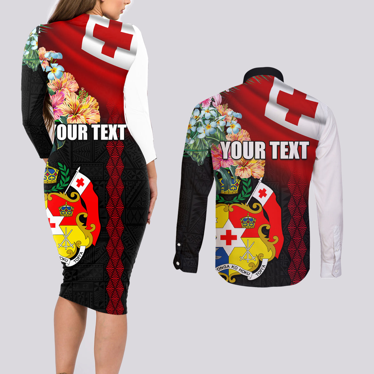 Personalised Tonga Emancipation Day Couples Matching Long Sleeve Bodycon Dress and Long Sleeve Button Shirt Flag Map and Hibiscus Flower Ngatu Pattern LT03 - Polynesian Pride