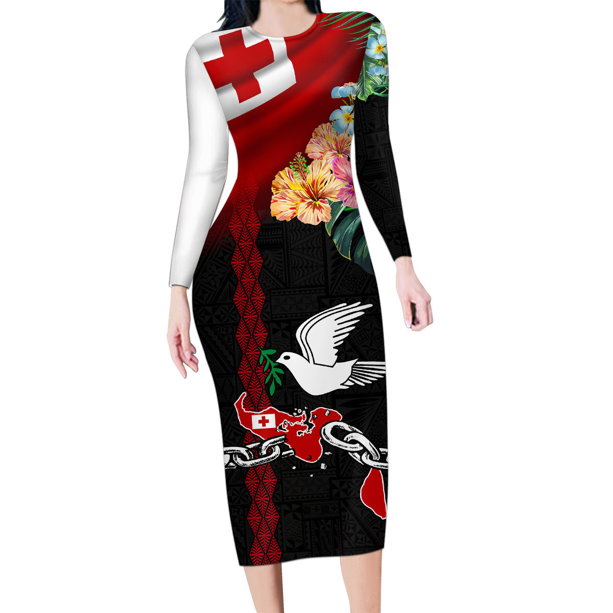 Personalised Tonga Emancipation Day Family Matching Long Sleeve Bodycon Dress and Hawaiian Shirt Flag Map and Hibiscus Flower Ngatu Pattern LT03 Mom's Dress Black - Polynesian Pride