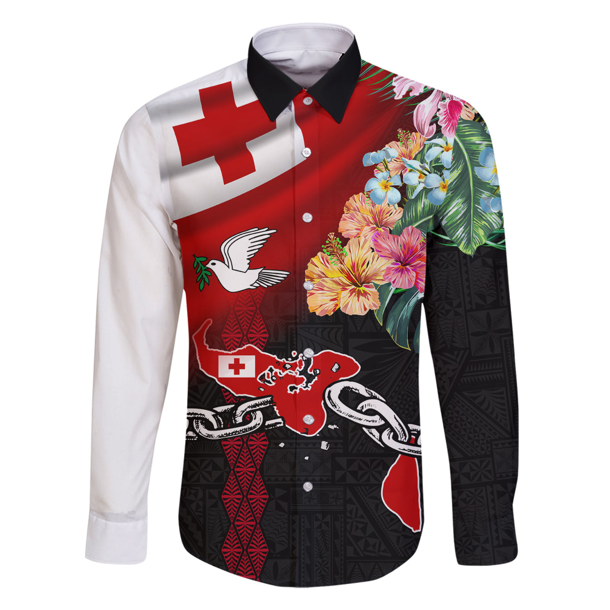 Personalised Tonga Emancipation Day Family Matching Off Shoulder Short Dress and Hawaiian Shirt Flag Map and Hibiscus Flower Ngatu Pattern LT03 Dad's Shirt - Long Sleeve Black - Polynesian Pride