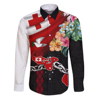 Personalised Tonga Emancipation Day Family Matching Short Sleeve Bodycon Dress and Hawaiian Shirt Flag Map and Hibiscus Flower Ngatu Pattern LT03 Dad's Shirt - Long Sleeve Black - Polynesian Pride