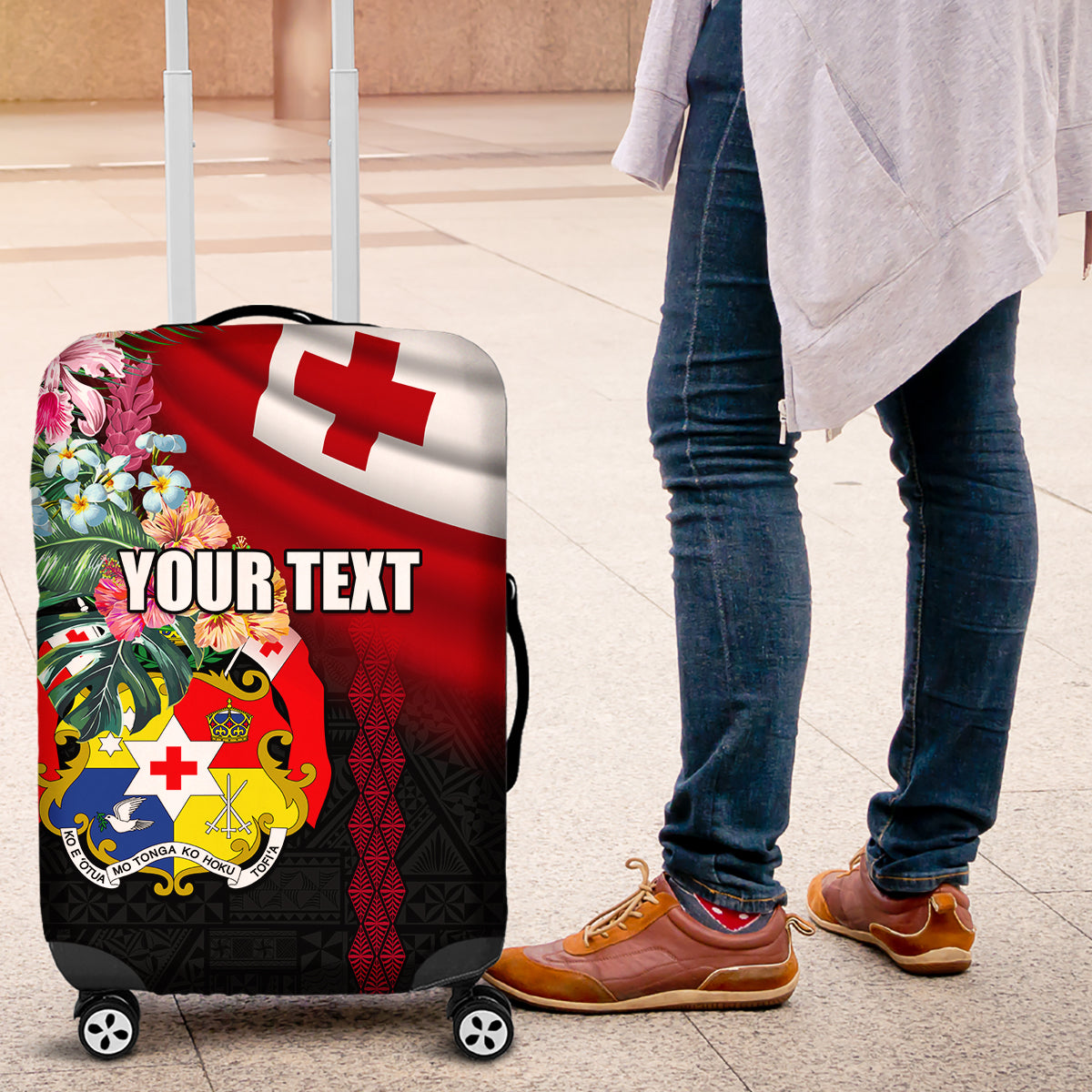 Personalised Tonga Emancipation Day Luggage Cover Flag Map and Hibiscus Flower Ngatu Pattern LT03 Black - Polynesian Pride