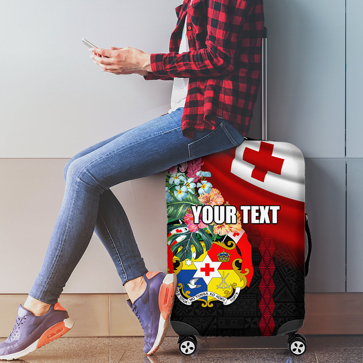 Personalised Tonga Emancipation Day Luggage Cover Flag Map and Hibiscus Flower Ngatu Pattern LT03 - Polynesian Pride