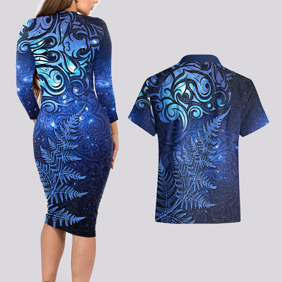 New Zealand Matariki Couples Matching Long Sleeve Bodycon Dress and Hawaiian Shirt Maori Pattern and Silver Fern LT03 - Polynesian Pride