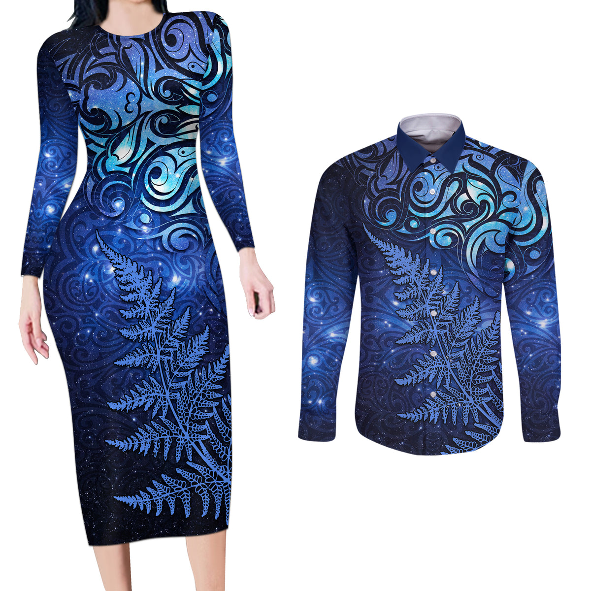 New Zealand Matariki Couples Matching Long Sleeve Bodycon Dress and Long Sleeve Button Shirt Maori Pattern and Silver Fern LT03 Blue - Polynesian Pride